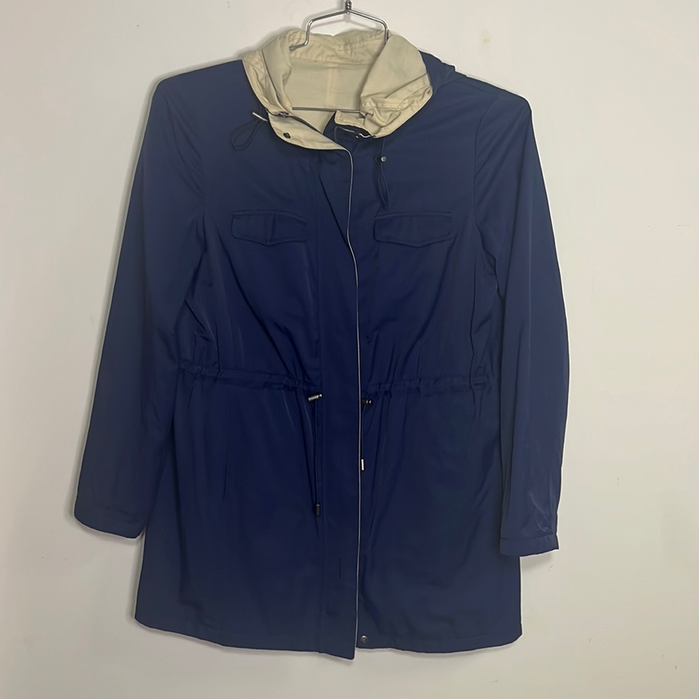 Reversible Hooded Rain Jacket Women's Medium Navy Blue & Khaki Utility